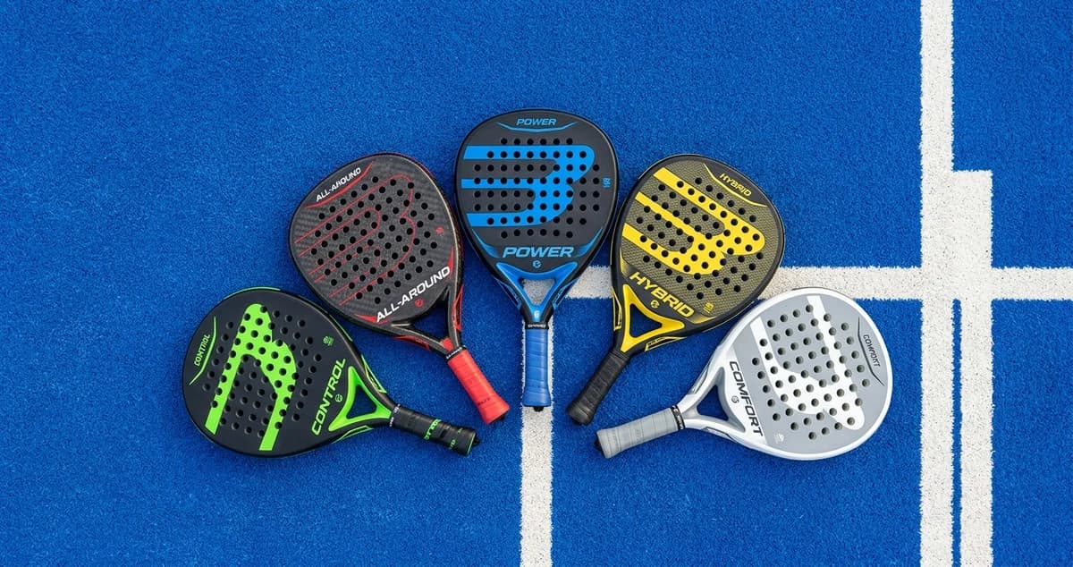 Sélection de raquettes de padel intermédiaires alignées sur un terrain bleu