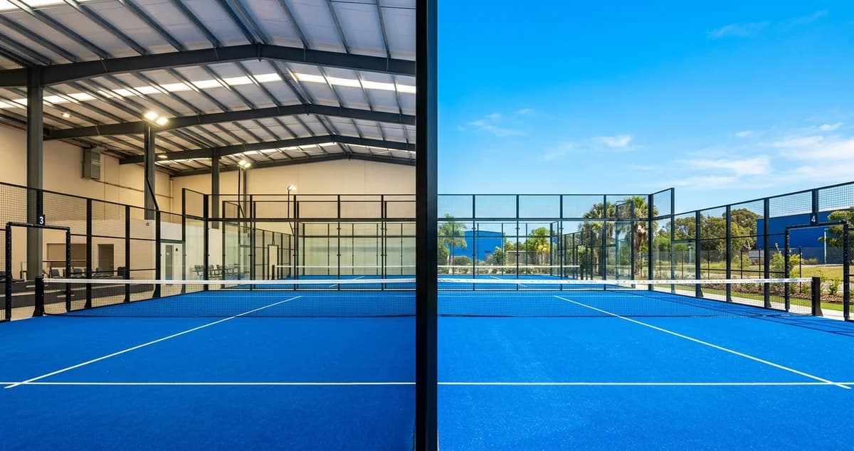 Comparaison entre un terrain de padel indoor éclairé et un terrain outdoor en plein soleil
