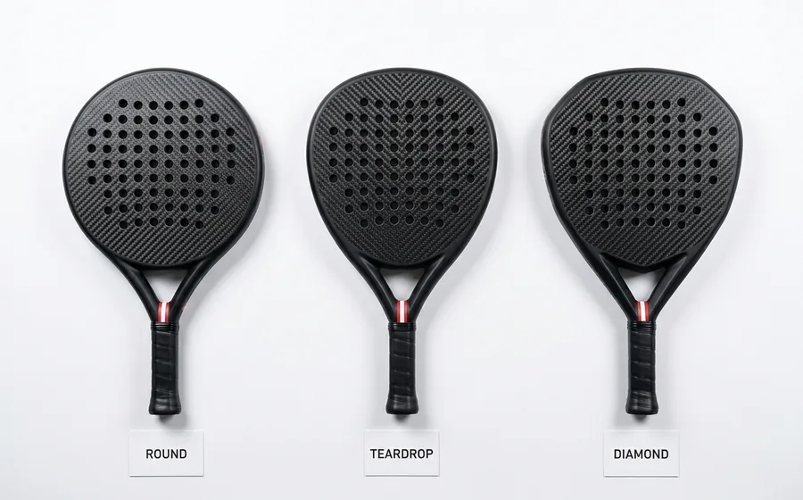 Les trois formes principales de raquette de padel : ronde, larme et diamant, comparées côte à côte