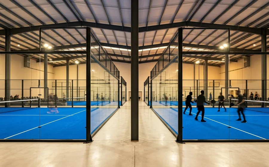 Salle de padel indoor avec plusieurs courts éclairés aux LED et joueurs en action