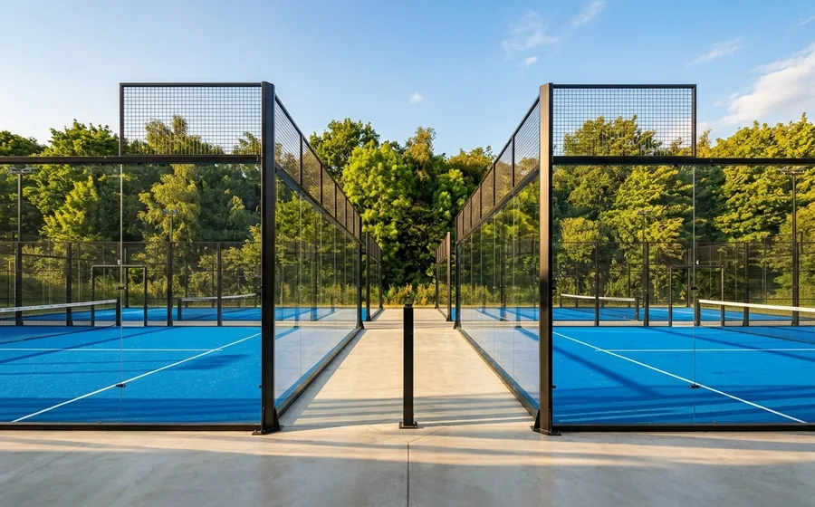 Courts de padel outdoor entourés de verdure sous un ciel bleu