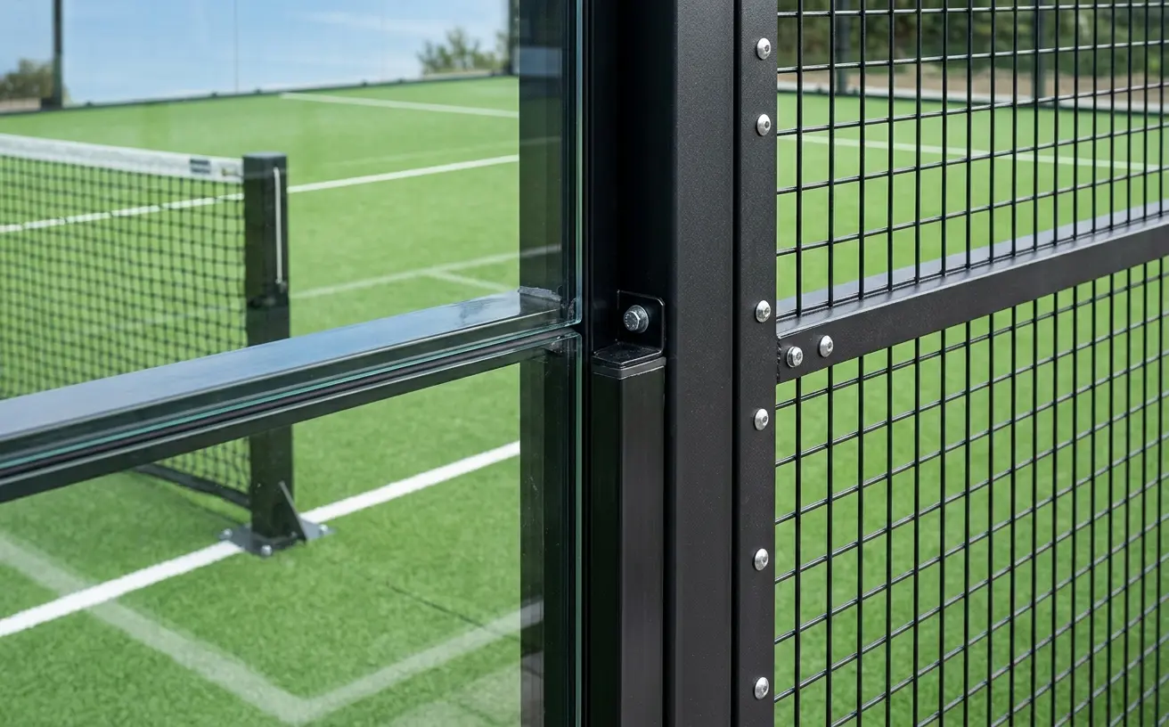 Détail des vitres et grillages d'un terrain de padel